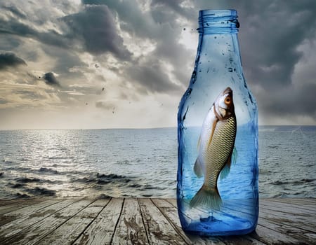 Environmental pollution sea of water, fish in bottle message in a bottle