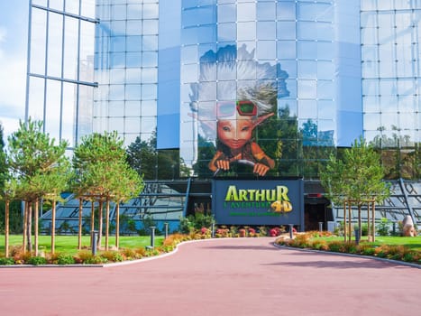 Poitiers, France - September 18 2010: Arthur, the 4D adventure. Glass building in Futuroscope, a French amusement park that lets you experience sounds, images, and sensations