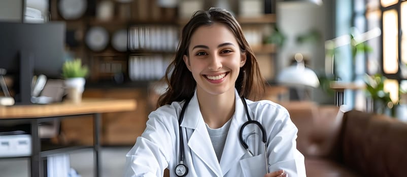 Portrait of female doctor wearing white coat with stethoscope holding clipboard and looking confidently to camera.