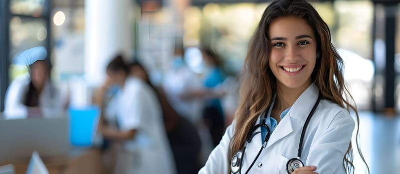 Portrait of smiling medical doctor woman sitting in office. Young female doctor on modern clinic background.