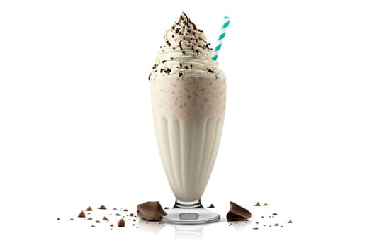 A creamy cookies and cream milkshake garnished with whipped cream and cookie crumbs, served in a traditional milkshake glass.on a white background