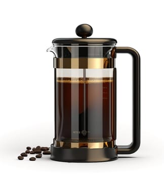 A French press coffee maker filled with freshly brewed coffee, accompanied by coffee beans, showcasing a simple yet sophisticated coffee preparation.
