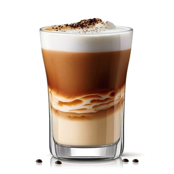 A meticulously prepared cappuccino with layered foam, displayed in a clear glass, showcasing the beauty of coffee art.