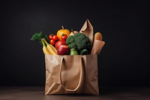 A grocery bag filled with a variety of fresh fruits and vegetables, symbolizing health and nutrition.