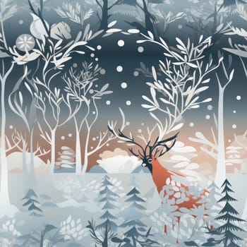 A serene winter scene depicting a majestic deer among snow-covered trees and bushes in a frosty, tranquil forest.Ai generative
