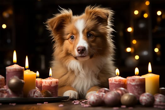 A cheerful Dog in front of a birthday cake with lit candles, capturing a playful and adorable holiday moment.