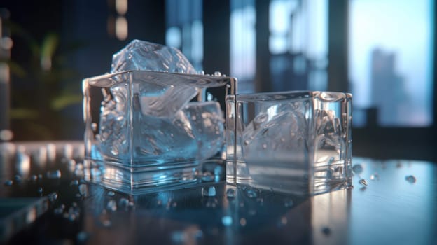 .An image of melting ice cubes on a reflective surface, conveying the fleeting beauty of ice.