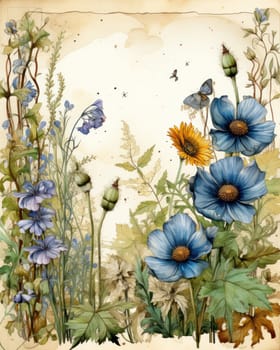 Vintage botanical illustration with blue flowers.Elegant vintage botanical illustration with many blue flowers and green foliage artistically arranged on a beige background.