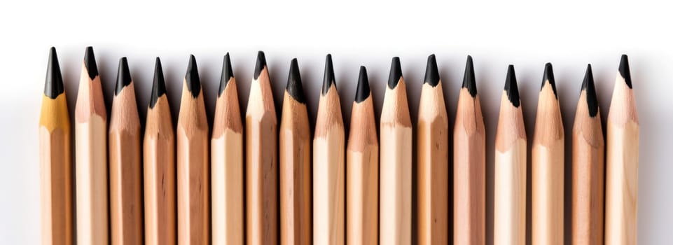 Neat arrangement of wooden pencils on a white background, with plenty of copy space.