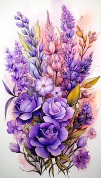 Artistic illustration of elegant purple flowers arranged in a delicate flowing pattern on a light background in a watercolor style.