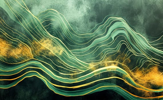 Painting depicting a wave with golden and green colors