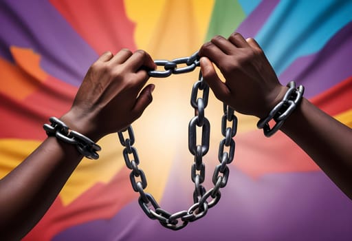 AI generated of two hands holding chains in front of a rainbow flag