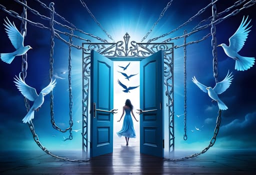AI generated of a woman standing in front of an open door with chains and birds flying arround it