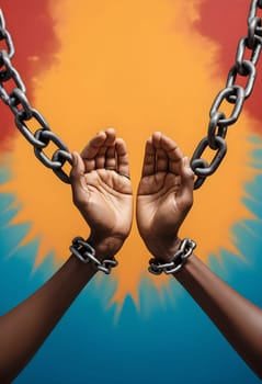 AI generated of two hands are chained together with chains on a colorful background