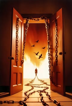 AI generated of a man is walking through a door with chains attached to it