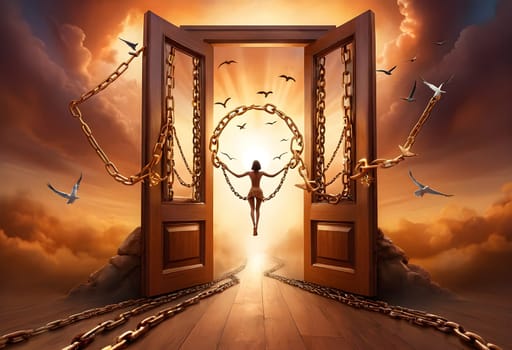 AI generated of a girl is standing in front of an open door with chains