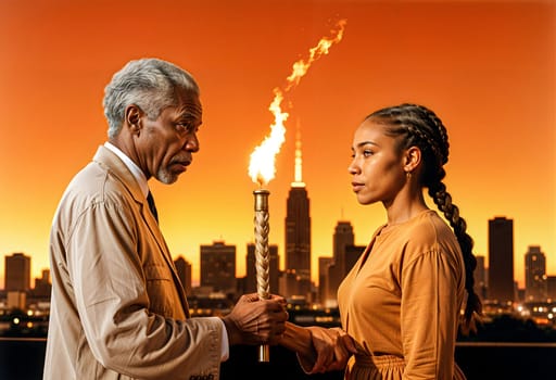 AI generated of a senior man and woman holding torches in front of a city skyline