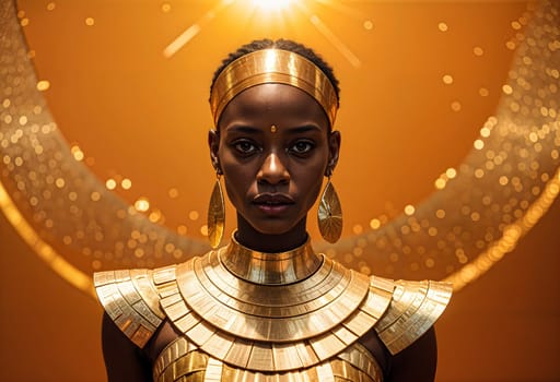 AI generated of a woman wearing a gold headdress and gold traditional costume stands in front of a golden background