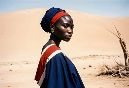 AI generated of a woman in a traditional dress stands in the desert