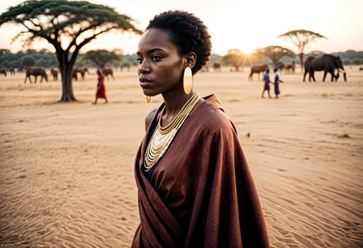 AI generated of a woman in brown tradtional dress stands in the desert with a tree and elephants in the background