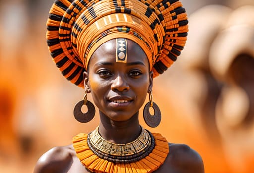 AI generated of an african woman wearing an orange headdress and traditional costume