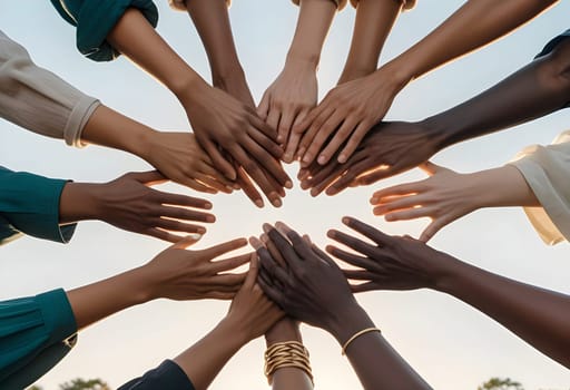 AI generated of hands of multi ethnic people forming a circle with the sun behind them