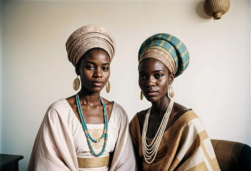 AI generated of two women wearing traditional clothing with heasdress and turban pose for a photo