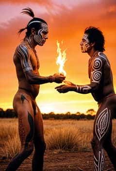 AI generated of two men with tribal body painting are standing in a field with the sun behind them