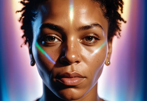 AI generated of a woman with a rainbow light on her face and a black background with a rainbow light in the middle