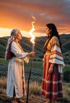 AI generated of a senior woman holds and passing a torch in front of a youth woman in traditional clothing