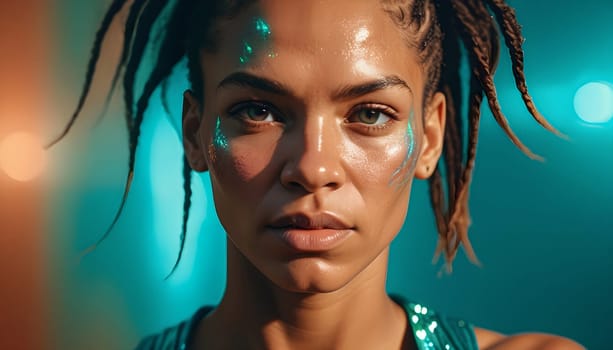 AI generated of portrait of a woman with dreadlocks and a green gel background