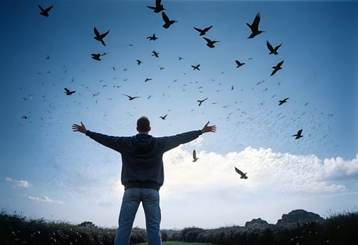 AI generated of a man standing in the middle of a field with his arms outstretched with a flock of birds
