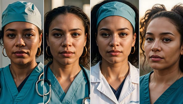 AI generated of four different images of women with stethoscope in scrub suits with powerful expressions