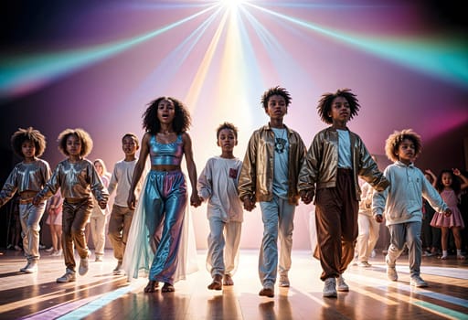 AI generated of a group of children in shiny outfits and pants prepare for dancing in the stage with lights behind