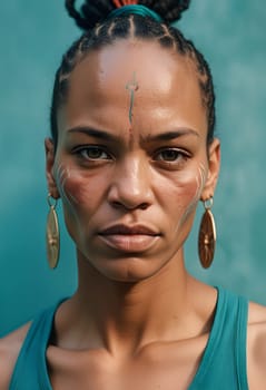 AI generated of a woman with tribal makeup on her face with powefull expressions wearing turqoise sports wear
