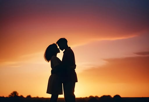 AI generated of a couple embrace in front of a sunset