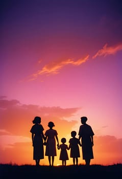 AI generated of a sunset with the silhouettes of families holding hands and the sun setting behind them