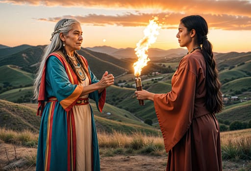 AI generated of two women in traditional clothing holding torches with sun setting behind them