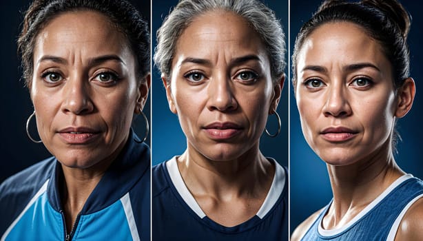 AI generated of three women in blue and white uniforms with different powerful expressions