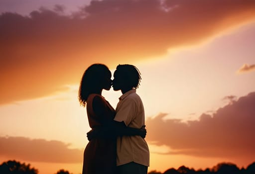 AI generated of a couple is looking at each other and the sky is orange and the sun is setting