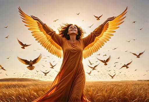 AI generated of a woman in a long dress with wings outstretched in the air with a sunset in the background