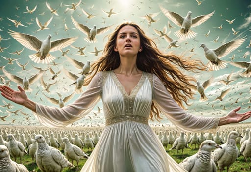 AI generated of a woman in a white dress surrounded by birds