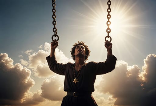 AI generated of a man in a black suit is holding chains in the sky with the sun behind him
