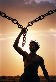 AI generated of a man holding a chain with the sun behind him