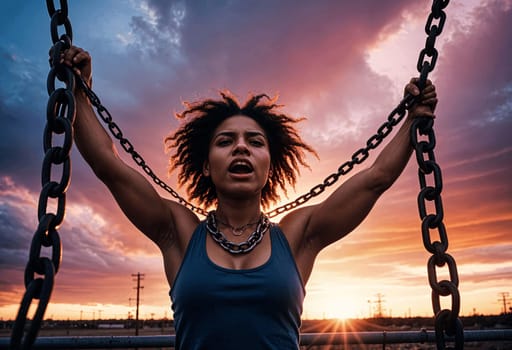 AI generated of a woman with dreadlocks is holding a chain with the sun behind her