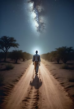 AI generated of a man walking down a dirt road at night with the milky in the sky