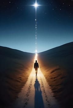 AI generated of a man walking down a path with a star shining above him