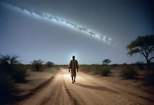 AI generated of a man walking in the desert at night with a milky in the sky