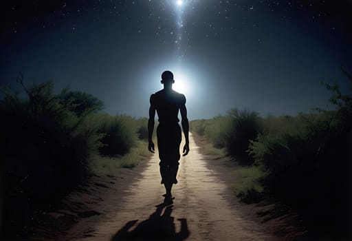 AI generated of a man walking down a dirt road at night