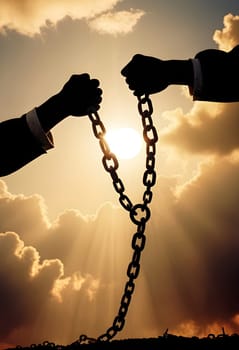 AI generated of two hands holding chains and a sun setting behind them